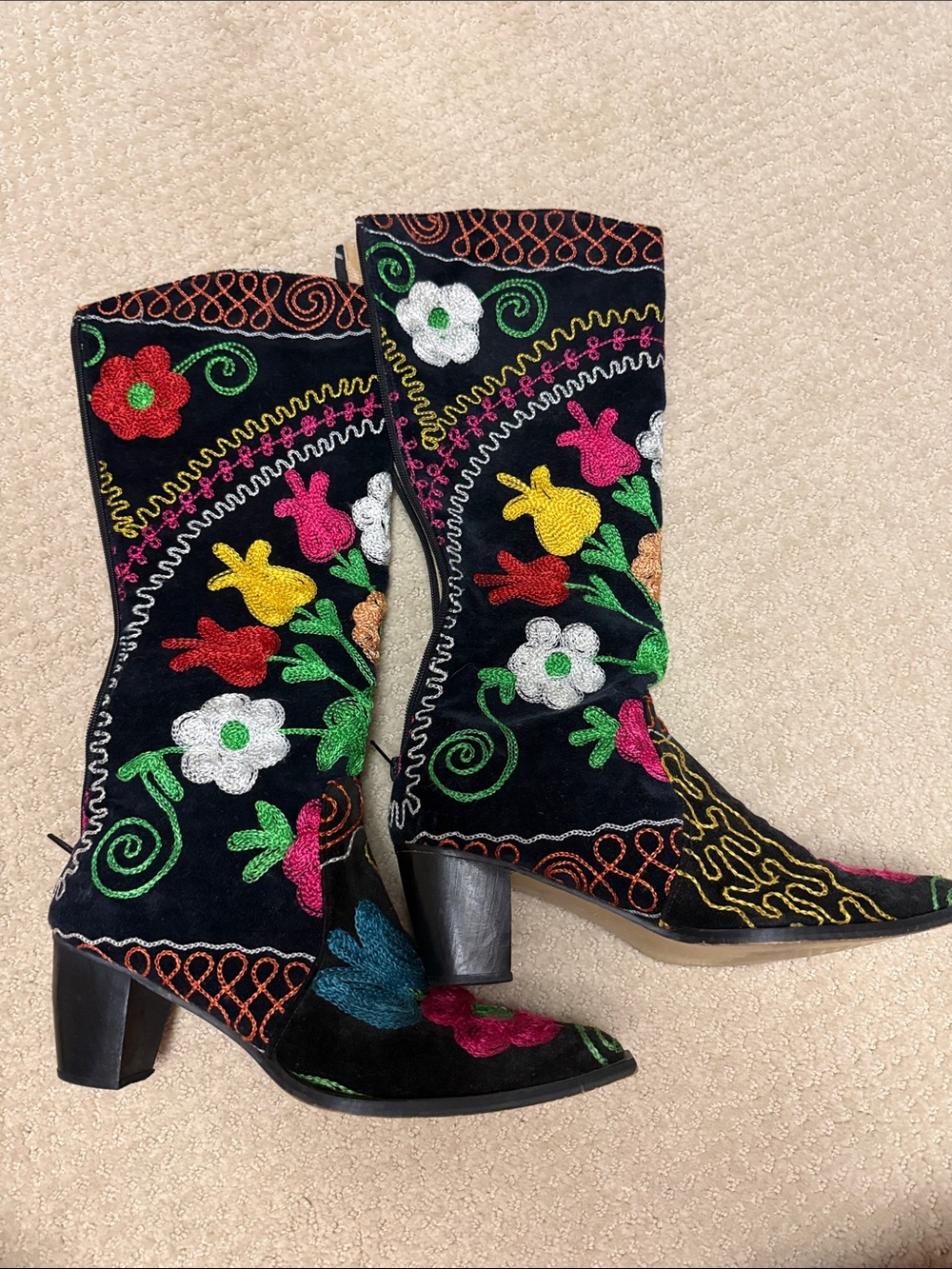 Embroidered Black Floral Mid-Calf Women's Boots